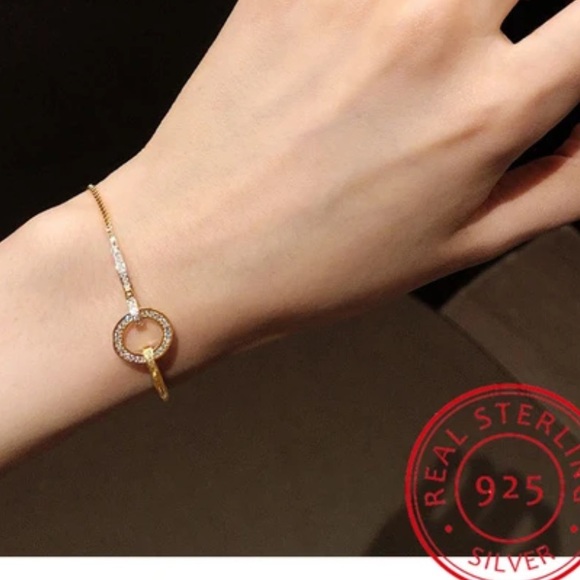925 Snake Chain Circle Bracelet Geometric Gold Color Zircon - Picture 1 of 2